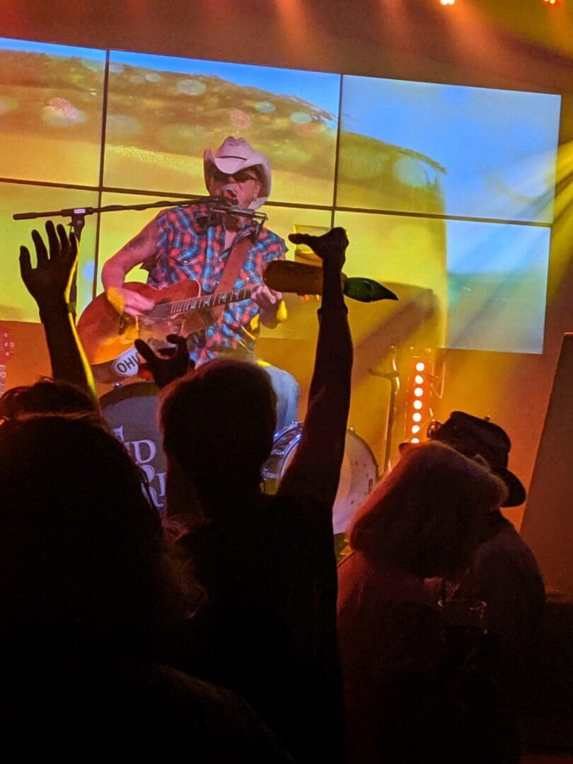 Crowd enjoys a live guitarist performing on stage with vibrant visuals.