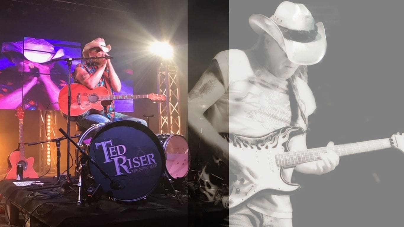 Ted Riser performing live with guitar and drums under stage lights.